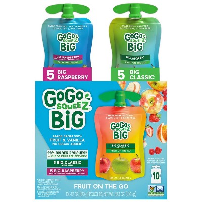 GoGo squeeZ BIG Applesauce and Fruit Puree with Vanilla Variety Pack, BIG Classic, BIG Raspberry - 4.2oz/10ct