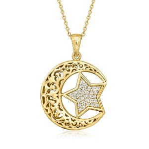Ross-Simons 0.50 ct. t.w. White Zircon Moon and Star Pendant Necklace in 18kt Gold Over Sterling Size 18 - 1 of 3