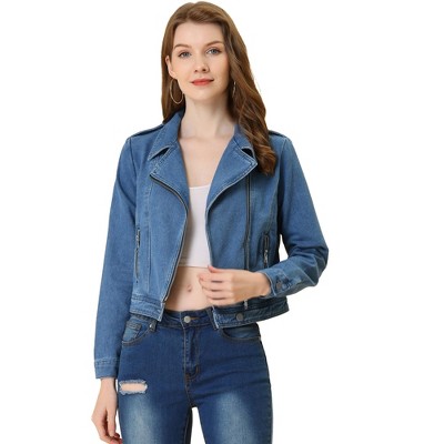 Allegra K Women's Notched Collar Zip Closure Biker Motocycle Denim Jacket