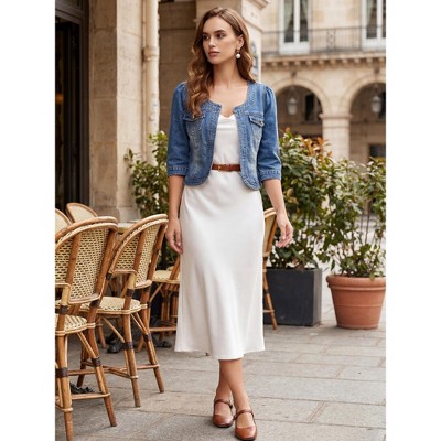 Женские куртки INSPIRE CHIC Women's Collarless Pockets 3/4 Sleeve Crop Denim Jackets Medium Blue — фото 4
