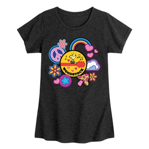 Girls' - Peanuts - Woodstock Peace And Love Flair Fitted Short Sleeve Graphic T-Shirt - 1 of 4