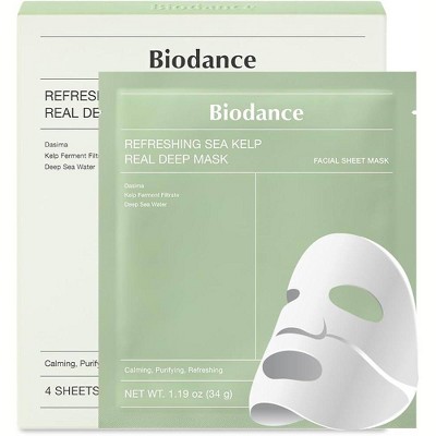 Biodance Refreshing Sea Kelp Real Deep Mask (4 Sheets x 1.19 oz.) Face Sheet Masks with Dasima & Deep Sea Water