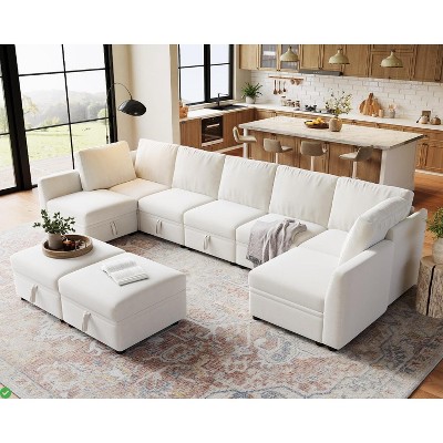 Oversized 9-Piece Modular Sectional - U Shaped Chenille Convertible Sofa with Storage (Beige 9 Seater)