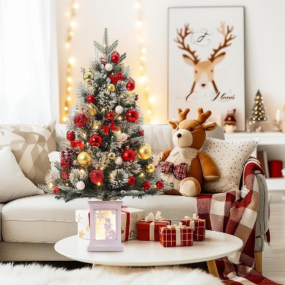 3 Ft Pre-Lit Artificial Christmas Trees w/Potted Base, Snow Flocked Small Xmas Tree w/78 Warm Lights 8 Modes, w/Battery Operated Timer Function