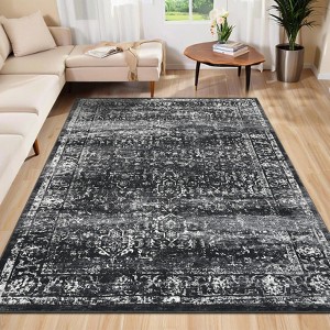 Machine Washable Area Rug, Non-Slip Faux Wool, Soft Low Pile Vintage Distressed Carpet for Bedroom - 1 of 4