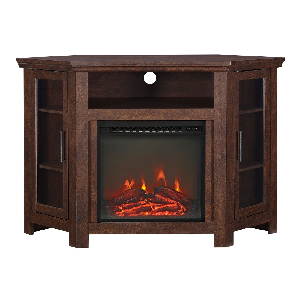 Glass Door Electric Fireplace Corner TV Stand for TVs up to 50" Traditional Brown - Saracina Home