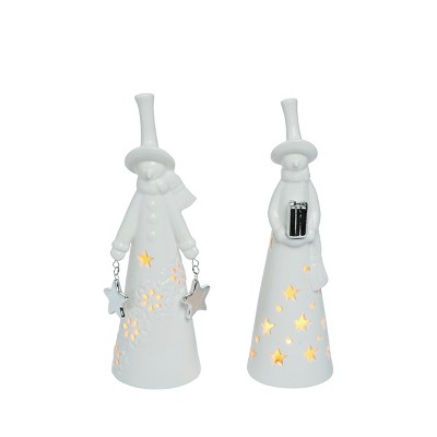 Transpac Ceramic 10 in. White Christmas Light Up Snowman Decor Set of 2