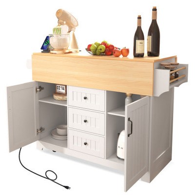 LunaLulinlk 55.7'' Large Kitchen Island with 2 Drop Leaf,, Rolling Kitchen Cart on 5 Wheels with Power Outlet