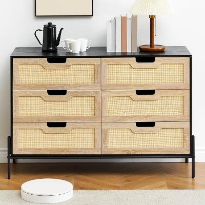 Acekool 6-Drawer Farmhouse Rattan Dresser – Storage Cabinet with Modern Charm