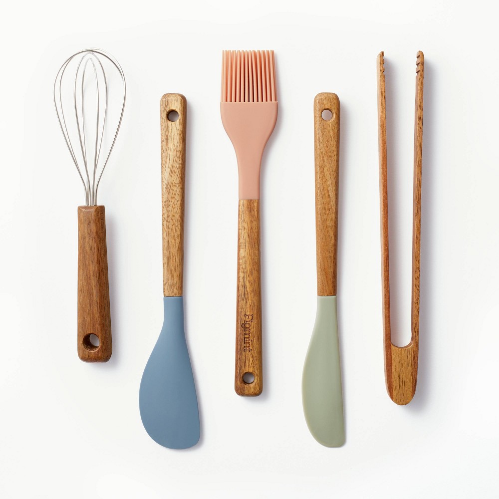 Photos - Other Accessories 5pc Acacia Wood/Silicone Mini Kitchen Utensil Set Brown/Red/Blue - Figmint