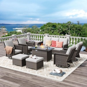 Brafab 8 Peices Outdoor Patio Furniture Set with 44" Gas Fire Pit Table and PE Wicker Swivel Rocking Chairs Conversation Sets with 4.3" Cushion - 1 of 4