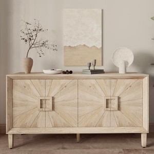 Vynxaria 60'' Premium Rustic American Farmhouse Credenza - Symmetrical Sunburst Door Design, Heavy-Duty Antique Wood - 1 of 4