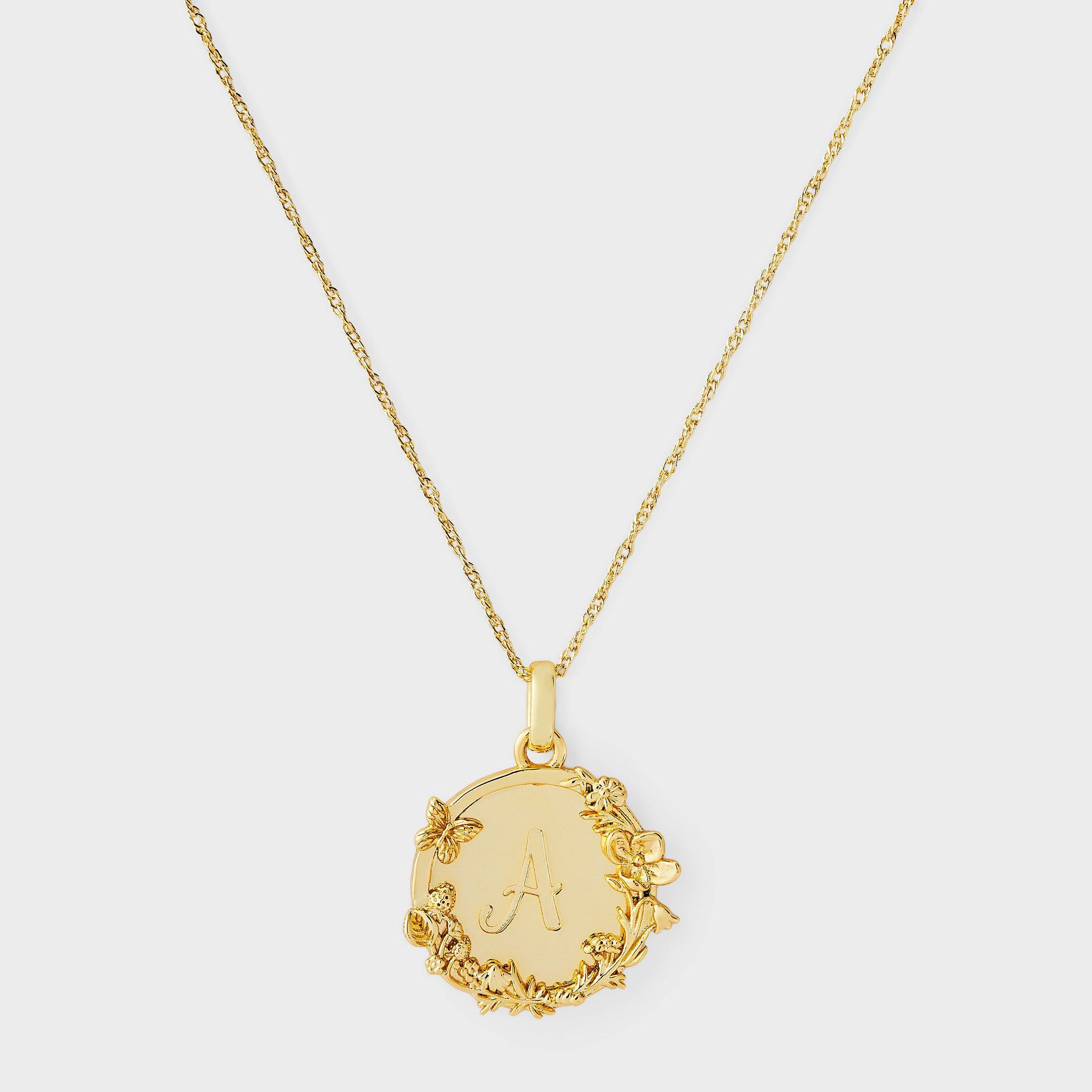 14k Gold Dipped Floral Etched Initial Round Tag Pendant Necklace - A New Day™ Gold