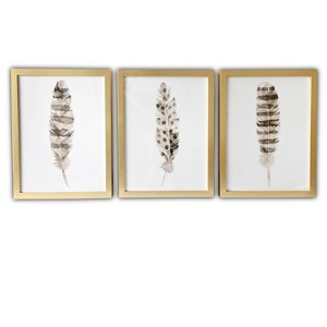 (Set of 3) 16" x 20" Feathers Framed Wall Canvas Brown - Gallery 57: Modern Gold-Framed Nature Art, MDF Composite - 1 of 4