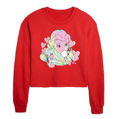 Disney Belle Collage Cropped Long Sleeve Crew Neck Sweatshirt - Red - X-Large