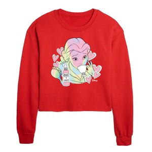 Disney Belle Collage Cropped Long Sleeve Crew Neck Sweatshirt - Red - X-Large - 1 of 2