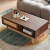 ORRD PE Rattan Coffee Table with Sliding Door, Walnut Color Storage Table with Solid Wood Legs for Living Room, Modern Center Table - 3 of 4