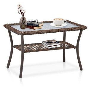 Buenhomino Outdoor Coffee Table with Storage Wicker Patio Coffee Table, Tempered Glass Top Coffee Table for Patio Outside Balcony Porch Deck - 1 of 4