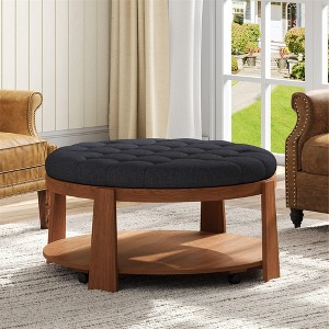 Okak Large Round Ottoman Coffee Table 2-Tier Button Tufted Upholstered Coffee Table with Shelf Storage for Living Room/Office, Space-Saving - 1 of 4