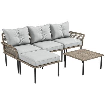 Outsunny 5 Pieces Patio Furniture Set with Cushions, Sofa, Chaise Lounge, Stool, Coffee Table