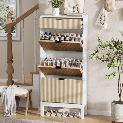 Fluted Shoe Cabinet with 3 Flip Doors & 1 Drawer, Slim Freestanding Organizer with Iron Legs, Hidden Shoe Storage for Hallway