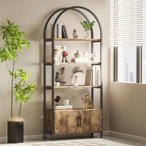 71.5" Tall Arched Bookshelf with Doors, Industrial Freestanding Bookcase with Sturdy Metal Frame for Home & Office - 1 of 4