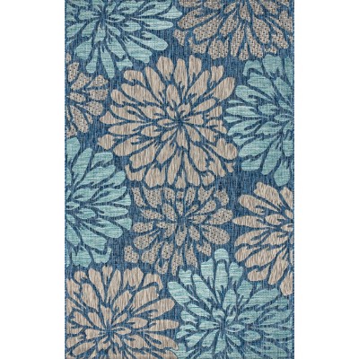 Navy and Aqua Floral Flat Woven Indoor/Outdoor Rug