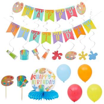 Sparkle and Bash Set of 59 Art Kids Birthday Party Decorations Pack with Balloon Banner Swirl, Honeycomb Table Centerpieces