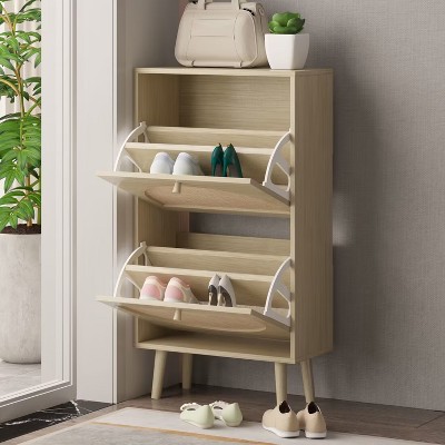 KTMBDW Shoe Rack Storage Organizer with 2 Natural Semi-Circular Rattan Doors, Entryway Wooden Shoe Cabinet for Sneakers, Leather Shoes, High Heels