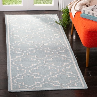 Blue and Ivory Handwoven Wool Geometric Runner Rug