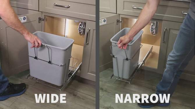 Rev-A-Shelf 32 Qt Pull Out Kitchen Cabinet Metal Wire Sliding Universal Trash Can w/Rear Basket for Waste Disposal & Organization RUKD-1432RB-1, 2 of 8, play video