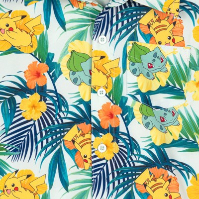 Pokemon Big Boys' Hawaiian Allover Print Button Front Shirt and Shorts Swim Outfit Pikachu Squirtle Green 8 — фото 5