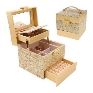 Unique Bargains 3 Layers PU Leather Sequins Jewelry Box with Drawers and Mirror - 1 of 4
