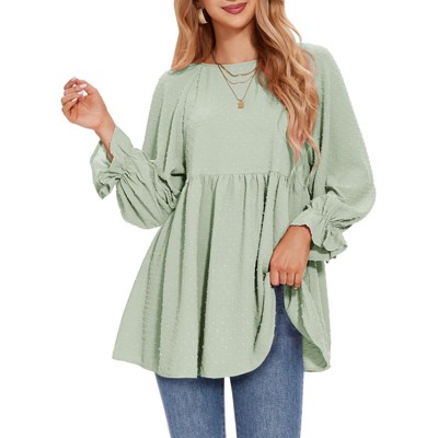 EXLURA Womens Long Sleeve Blouses Swiss Dot Babydoll Loose Fit Maternity Top 2025 Spring Fall Tunic Shirts Dressy Casual Tops White
