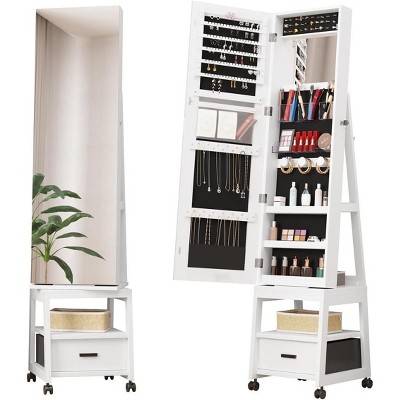 360° Swivel Jewelry Armoire with Storage Shelf & Drawer, 66" H Full-Length Mirror Jewelry Armoire, Floor Standing Jewelry Organizer Cabinet