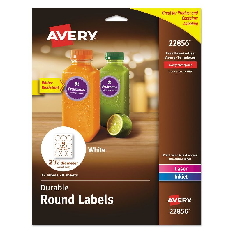 Avery Durable White Round ID Labels 2 1/2" dia. White 72/Pk 22856, 1 of 10