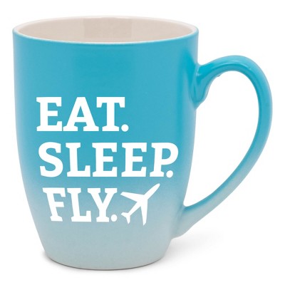 Elanze Designs Eat Sleep Fly Two Toned Ombre Matte Sky Blue and White 12 ounce Ceramic Stoneware Coffee Cup Mug