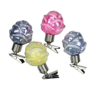 Roman 4ct Iridescent Rosebud Clip On Glass Christmas Ornament Set 2.5" - Purple/Pink