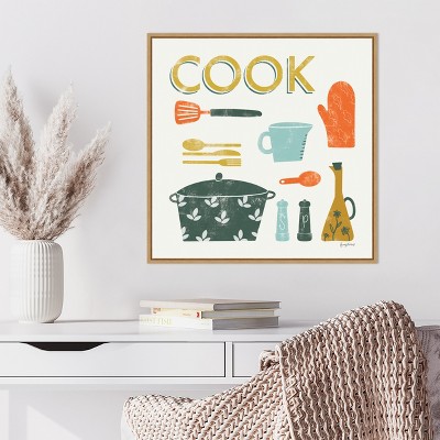 Retro Kitchen Tools Canvas Print with Sylvie Maple Frame