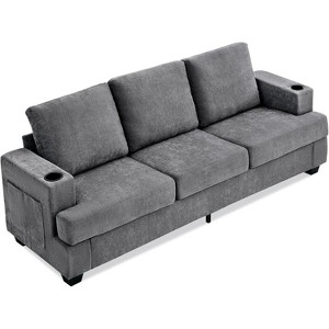 89" Chenille 3-Seater Sofa - Features cup holders & side storage pockets. Deep seat couch for living room & apartment. - 1 of 4