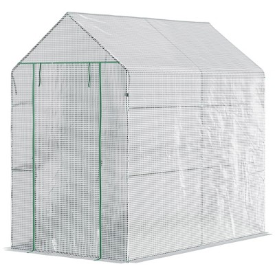 White Steel Walk-In Greenhouse with Shelves and Roll-Up Door