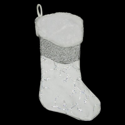 Northlight 19" White and SIlver Iridescent Sequined Leaf Christmas Stocking with Faux Fur Cuff