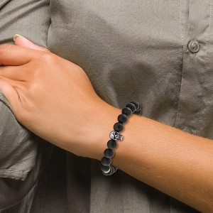 Chisel Stainless Steel Antiqued and Polished Black Agate Beaded with Skulls Stretch Bracelet - 1 of 3