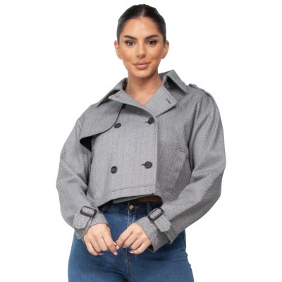 Slickblue Women's Cropped Trench Coat with Buckled Cuffs, Double Breasted Notch Collar, Black-White/Camel, Size S-L