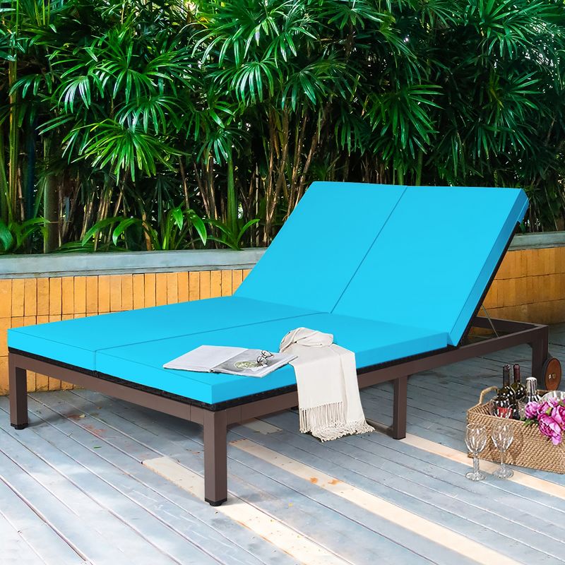 Costway 2-Person Patio Rattan Lounge Chair Chaise Recliner Adjustable Cushion Turquoise, 1 of 11