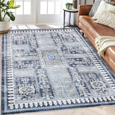 Vintage Washable Rug, Distressed Floral Low Pile Non-Slip Soft Accent Carpet for Living Room, Bedroom, Nursery, Entryway