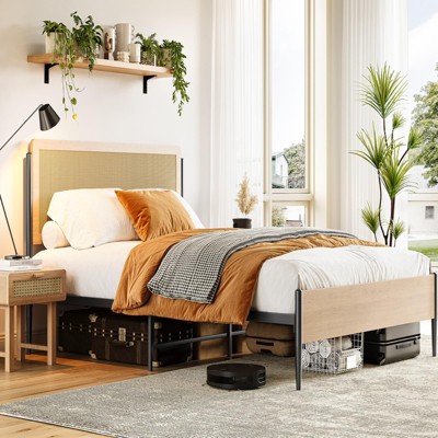 Bed Frame With Rattan Headboard, Boho Style Platform Bed Frame With Underbed Storage, Mattress Foundation Easy Assembly No Box Spring Needed