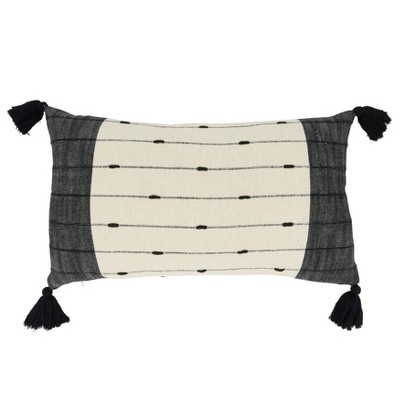 Black and Beige Cotton Tassel Trim Lumbar Throw Pillow