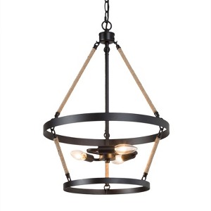 LNC Mocha 3-Light 16" Farmhouse Wagon Wheel Small Tiered Chandelier, Matte Black with Hemp Rope - 1 of 4