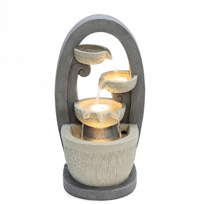 LuxenHome 24" Outdoor Fountain, Gray Oval Cascading Bowls Resin Garden Waterfall Fountain with Lights